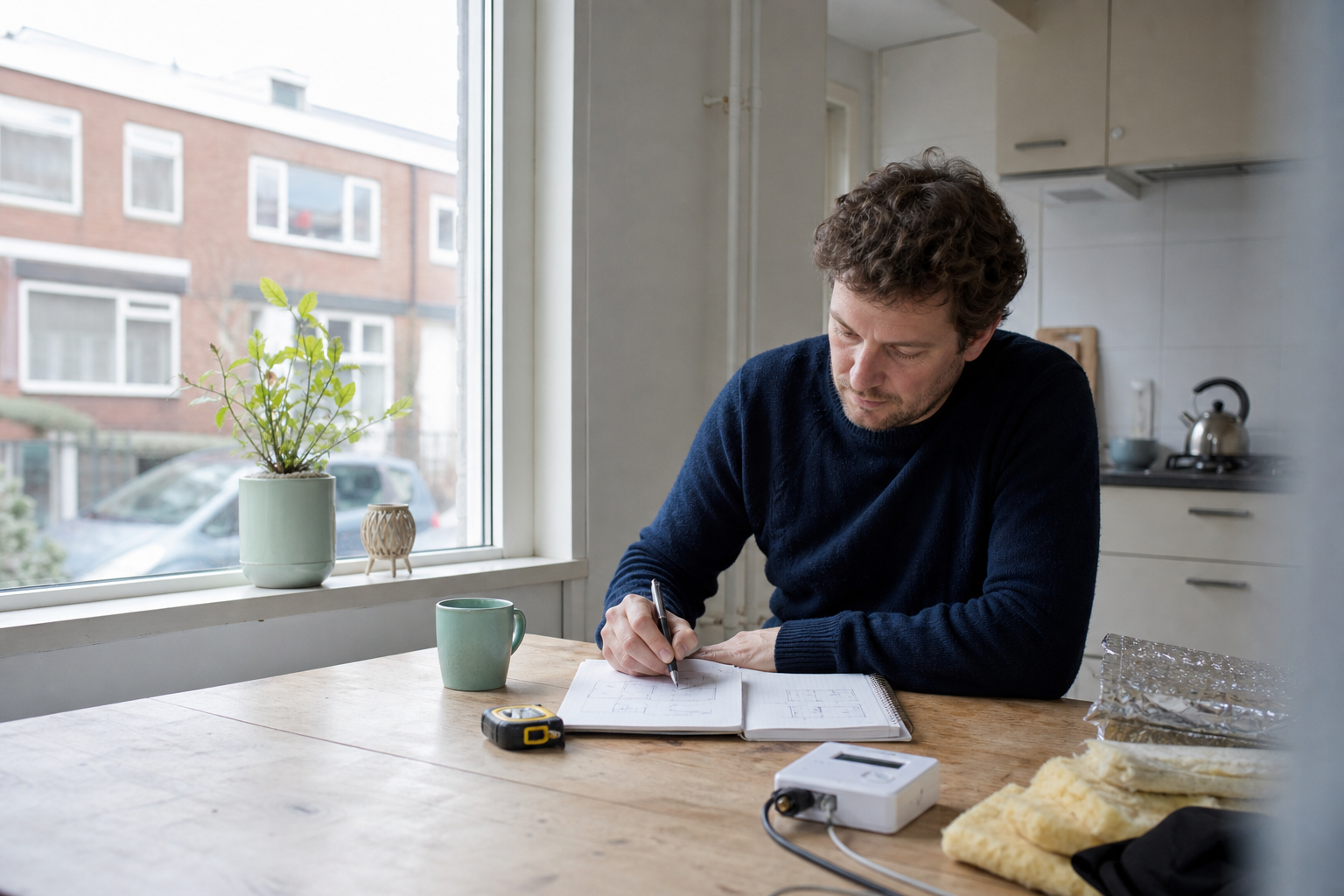Bewoner maakt aan de keukentafel een plan voor energiemaatregelen in huis