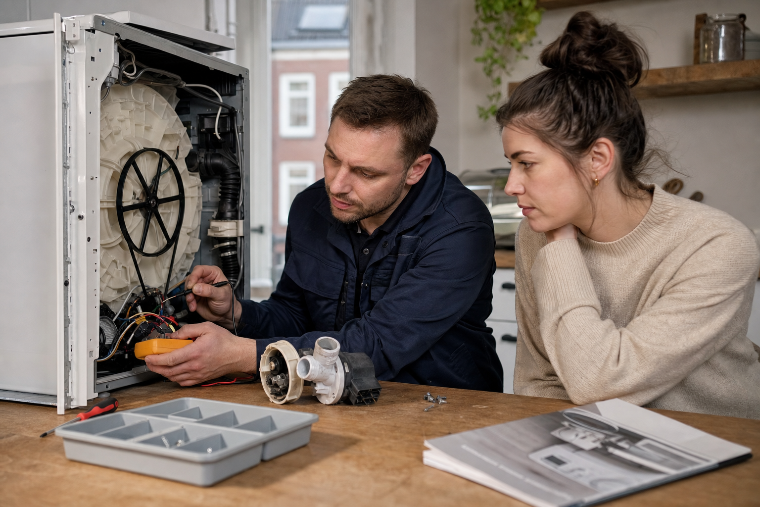 Monteur onderzoekt een geopend huishoudelijk apparaat voor reparatie