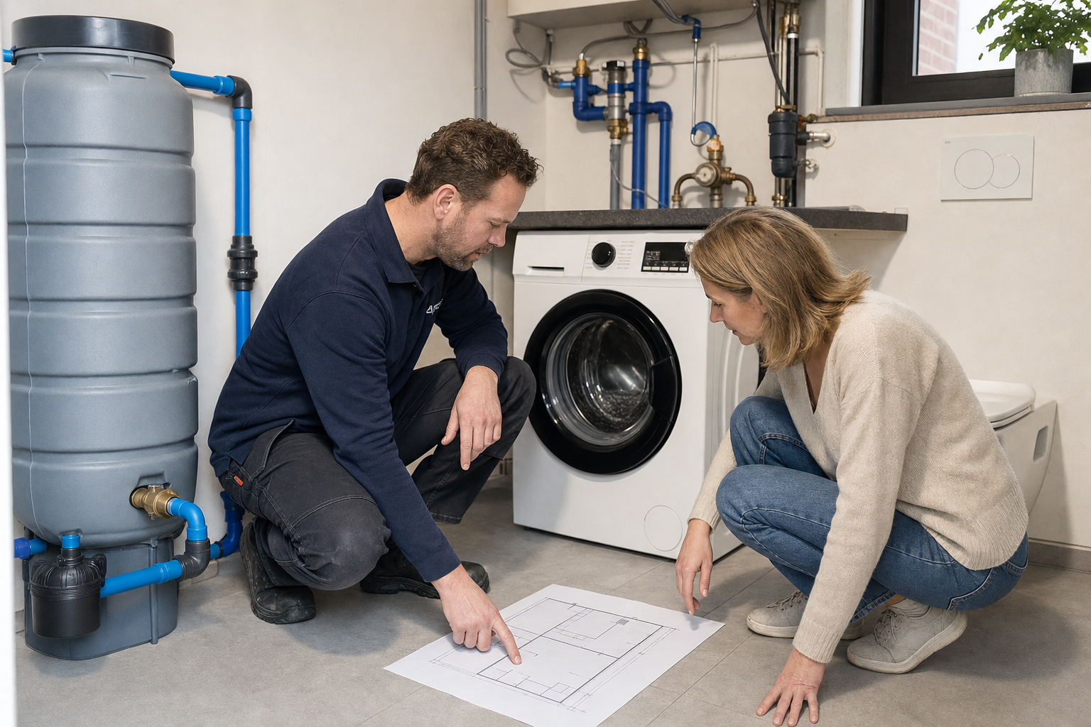 Schema van een regenwatersysteem voor toilet en wasmachine