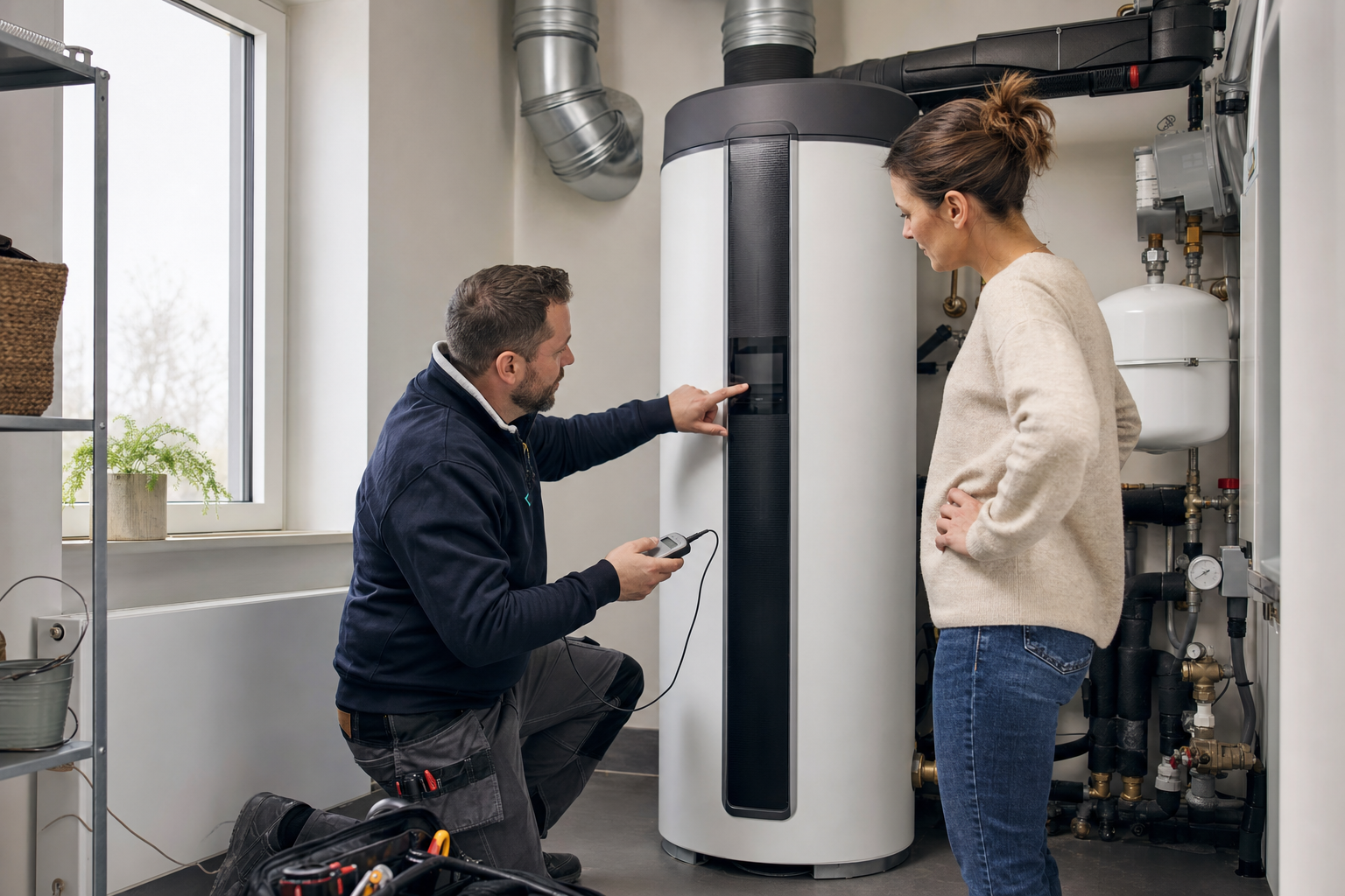 Technicus controleert de temperatuurinstellingen van een warmtepompboiler