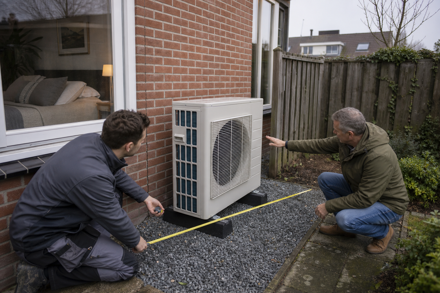 Warmtepompbuitenunit met gemarkeerde ruimte voor geluid en onderhoud