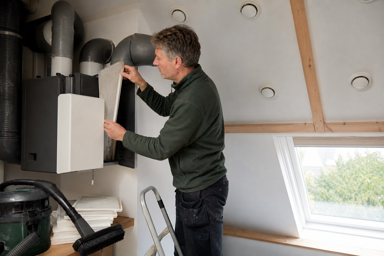 Bewoner reinigt zorgvuldig een ventiel van mechanische ventilatie