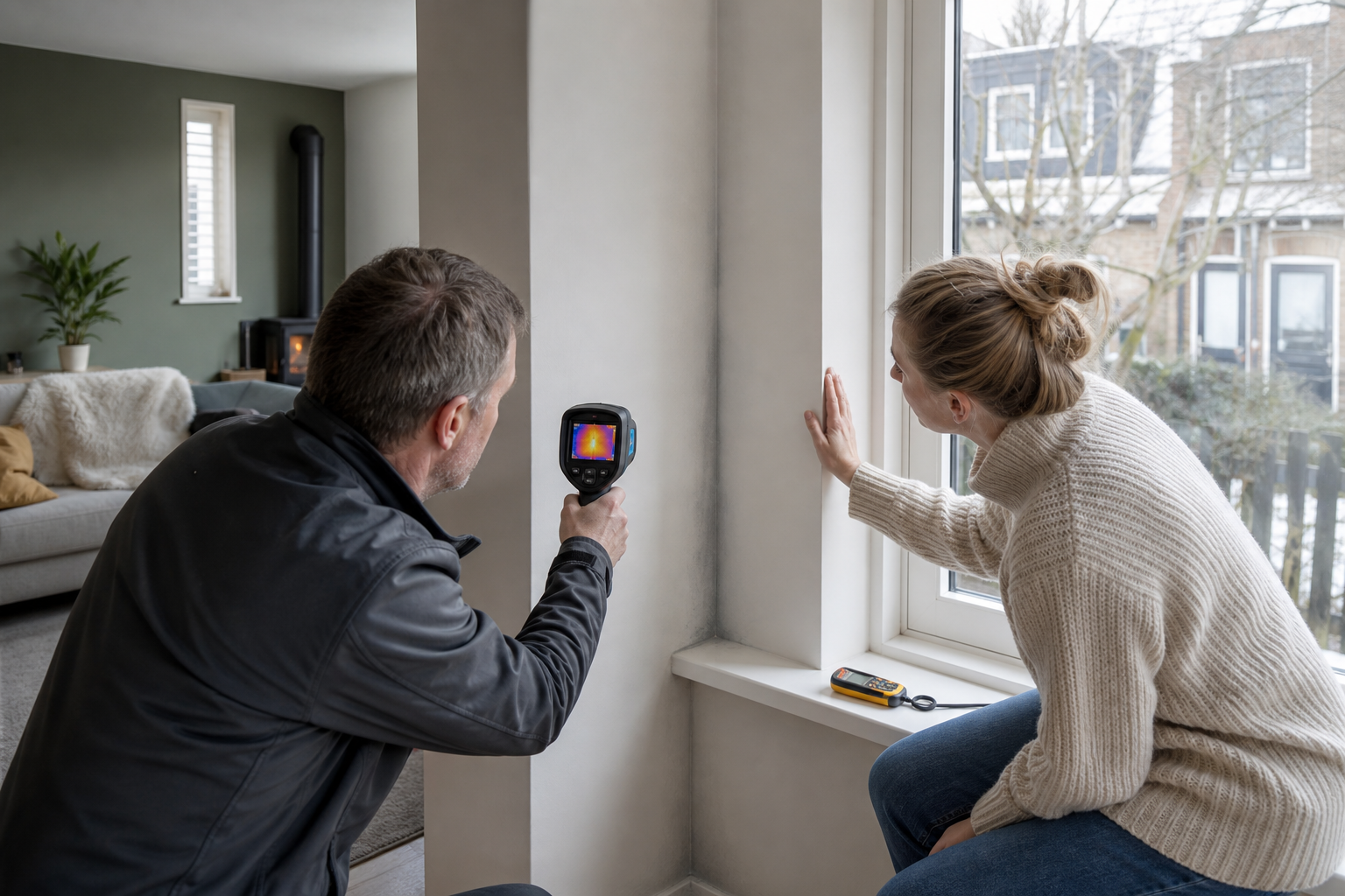 Warmtebeeld laat een koude plek in een geisoleerde buitenmuur zien