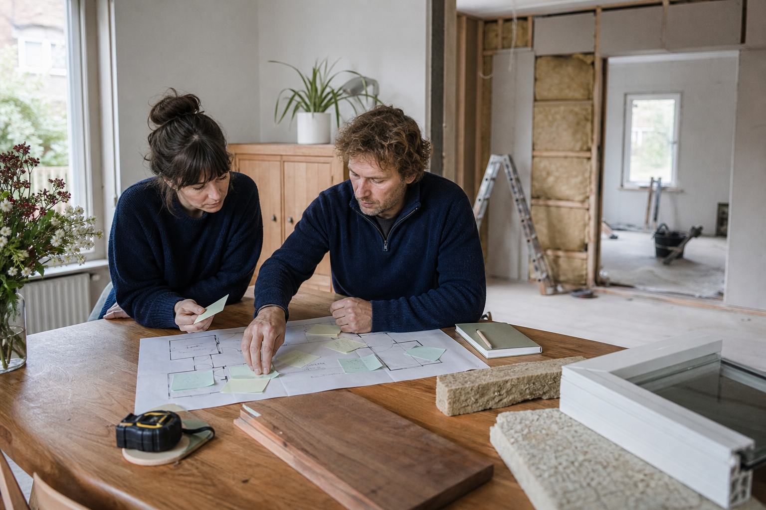 Bewoners plannen een duurzame verbouwing met materiaalmonsters en plattegrond