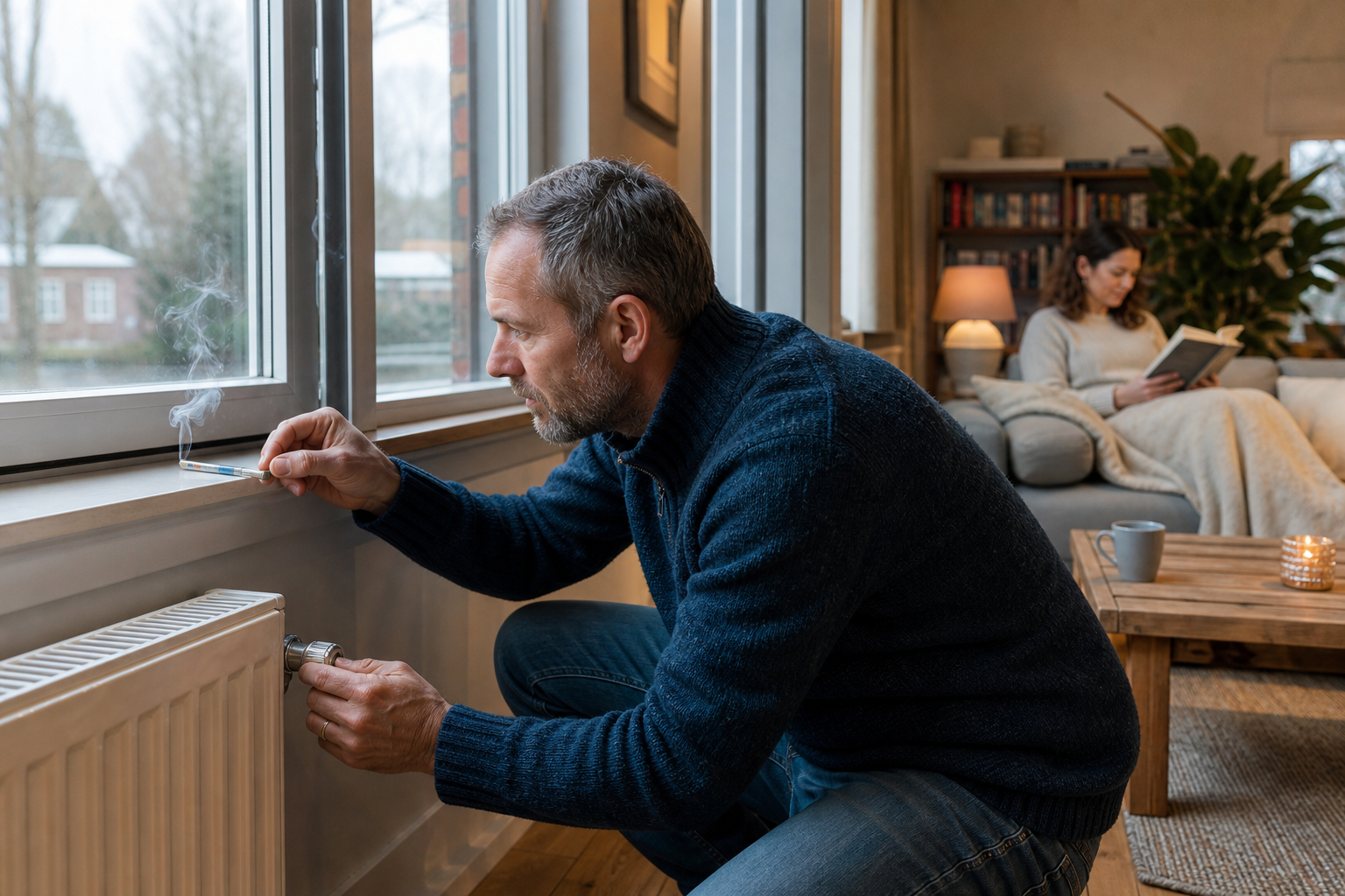 Bewoner onderzoekt tocht bij een raam in een comfortabele woonkamer