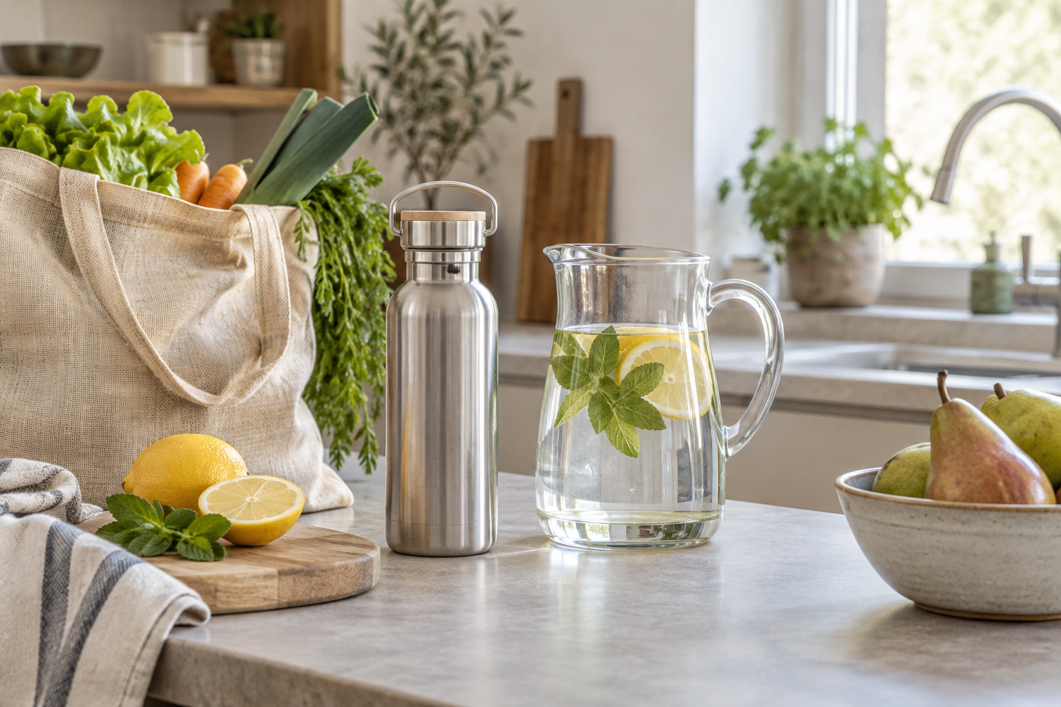 Herbruikbare drinkfles en karaf op een keukenblad