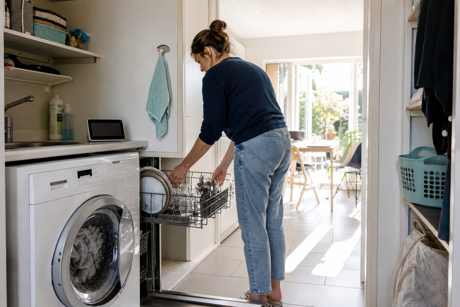 Bewoner gebruikt huishoudelijke apparaten tijdens een zonnige middag